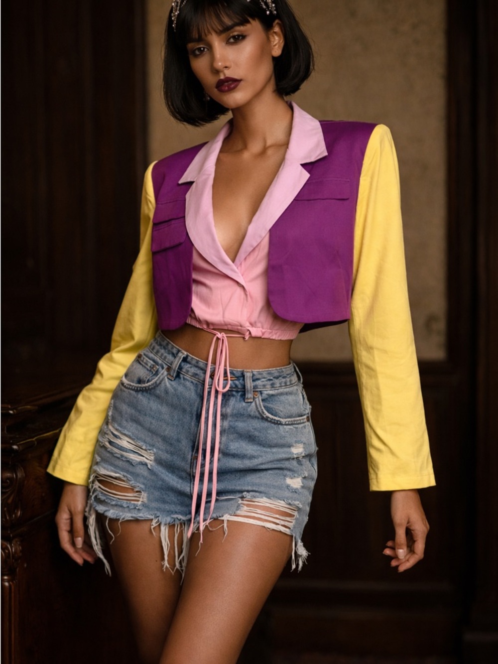 Colorblock Cropped Blazer Jacket in Purple, Yellow & Pink